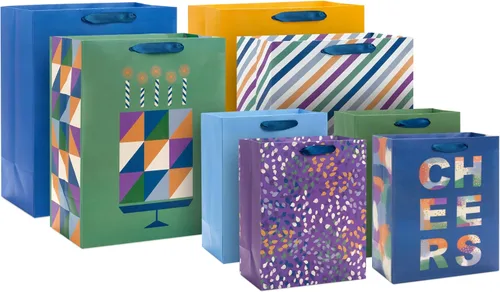 Hallmark Surtido de Bolsas de Regalo Sólidas (8 Bolsas: 4 Medianas 9", 4 Grandes 13") Azul, Verde, Naranja, Cheers, Rayas