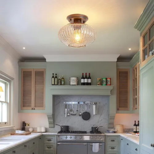 Miniatura 7 de Lámpara de techo semiempotrada, luces de techo vintage negras para cocina, vidrio a rayas ámbar cerca del techo para sala de estar, pasillo