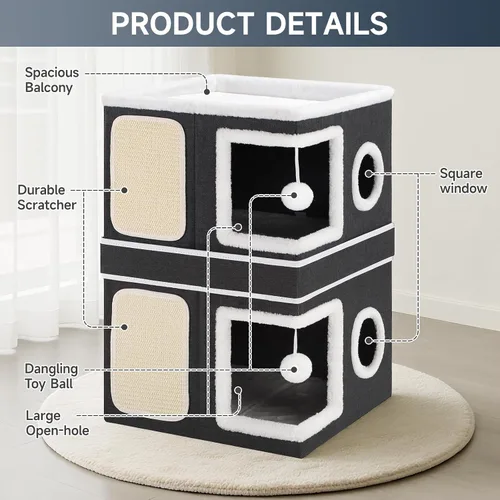 Miniatura 4 de Casa de Gato de 2 Pisos para Gatos de Interior, Separable en 2 Grandes Camas de Gato Cueva con Condominios Escondidos, Almohadillas para Rascar