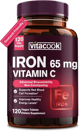Miniatura 10 de Suplemento de hierro para mujeres y hombres, hierro de alta potencia de 65 mg con vitamina C 250 mg, píldoras de hierro aptas para el estómago