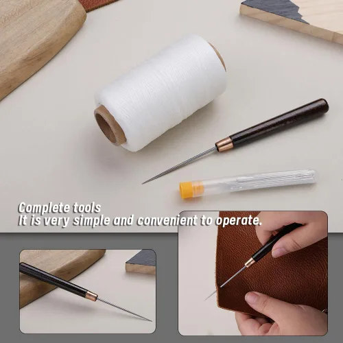 Miniatura 5 de TLKKUE Kit de hilo de coser para reparación de tapicería, aguja de hilo encerado de 273 yardas, punzón recto, kit de costura de cuerda de cera Negro