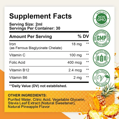Miniatura 2 de Suplemento de hierro líquido para mujeres, hombres y niños, gotas de hierro líquido con ácido fólico, vitamina C, B6, B12 para anemia, células