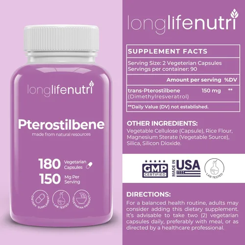 Miniatura 2 de Pterostilbene 150mg 180 cápsulas vegetarianas Hecho en Estados Unidos 75mg por píldora Polvo puro natural