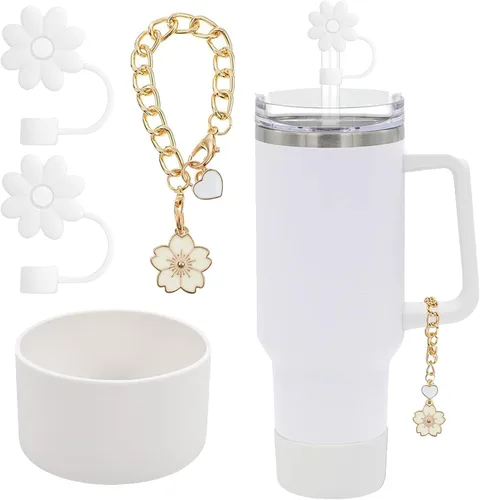 Miniatura 20 de Accesorios para juego de tazas Stanley, 2 tapas de paja de flores reutilizables de 0.394 pulgadas (0.394 in), 1 dije de mango lindo y 1 funda
