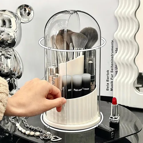 Miniatura 2 de Organizador de brochas de maquillaje giratorio cubierto con tapa, organizador de brochas de maquillaje para tocador, escritorio, baño, encimera