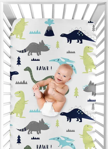 Miniatura 5 de Sweet Jojo Designs Juego de sábanas para cuna de bebé de dinosaurio moderno azul y verde, suave, para recién nacido, se adapta a colchón estándar
