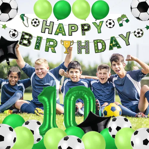 Miniatura 5 de Decoraciones de fiesta de cumpleaños número 10 para niños, decoraciones de fiesta de cumpleaños de fútbol, pancarta de feliz cumpleaños, suministros