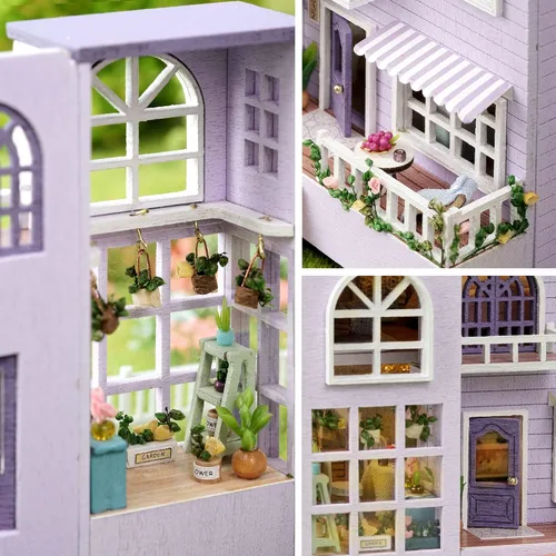 Miniatura 6 de Spilay Casa de muñecas Kit de muebles de madera en miniatura, mini casa de muñecas hecha a mano con LED, escala 1:24, juguetes creativos