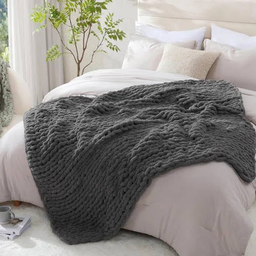 Miniatura 6 de WRENSONGE Manta de Punto Grueso Gris Oscuro Grande Suave Esponjosa Manta de Cable Tejido a Crochet 100% Tejida a Mano para Sofá Cama (50"x60")