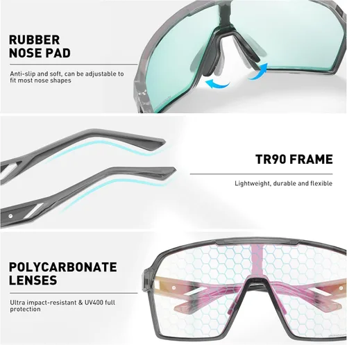 Miniatura 4 de SCVCN Photochromic Cycling Glasses Men Women Clear Mountain Bike Sunglasses Sports Baseball Riding MTB S327 Fotocrómico Púrpura-06
