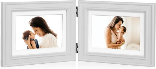 Miniatura 13 de Marco de fotos doble horizontal con bisagras plegable de 4 x 6 pulgadas en madera de pino negro con vidrio real para mesa X3-HEI-2H46