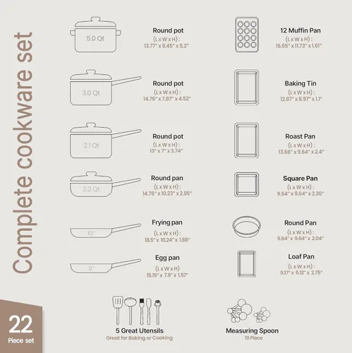 Miniatura 2 de Juego de ollas y sartenes de 22 piezas, juego de utensilios de cocina y horneado antiadherentes con patrón de cuadros, diseño apilable, apto