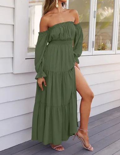 Miniatura 78 de ZESICA - Vestido largo, bohemio y sexy, con hombros descubiertos y manga larga fruncida, con elástico fruncido, cintura alta y abertura lateral
