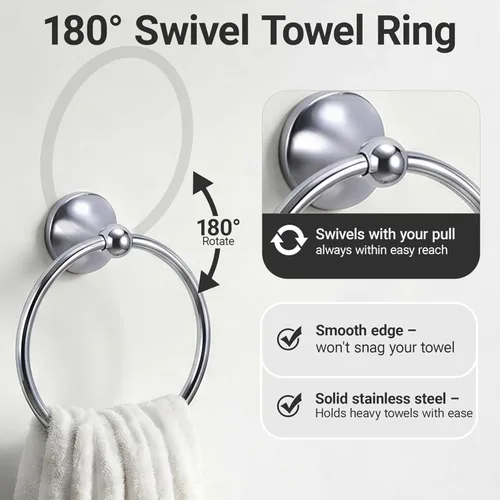 Miniatura 4 de Juego de toallas de baño de 24 pulgadas para montar en la pared, juego de 5 piezas de acero inoxidable duradero con toallero, anillo para toallas