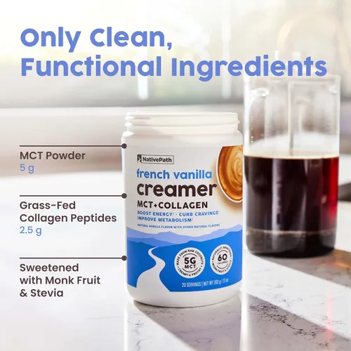 Miniatura 5 de NativePath Crema de café keto de vainilla francesa – Colágeno y aceite MCT en polvo, sin azúcar, sin lácteos – Alimentado con pasto, endulzado