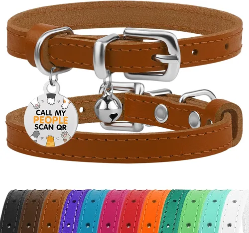 Miniatura 37 de BRONZEDOG Collar de cuero para gato con campanas extraíbles sin liberación rápida, etiqueta QR para gatito para niña y niño