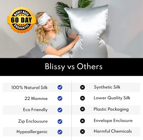 Miniatura 3 de Ahorra un 10% en la funda de almohada de seda Blissy (tamaño queen) Paquete: 100% seda de morera pura, fibras de alta calidad, absorben la humedad