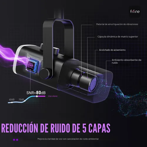 Miniatura 4 de FIFINE - Micrófono dinámico XLR/USB para podcasts, de transmisión de juegos con luz RGB, botón de silencio, conector para auriculares, soporte