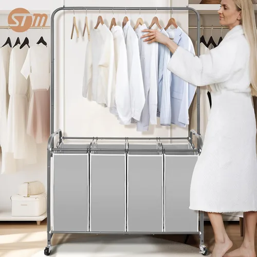 Miniatura 8 de STORAGE MANIAC Clasificador de ropa sucia con barra para colgar, portátil, extraíble con ruedas enrollables resistentes y bolsas extraíbles