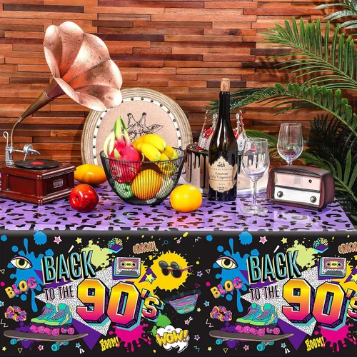 Miniatura 5 de Kasyat 3 piezas de decoraciones de fiesta de los años 90, mantel grande para fiesta temática de los años 90, mantel de plástico para cumpleaños