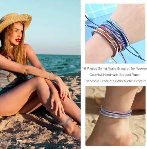 Miniatura 4 de Dcfywl731 16 pulseras onduladas de cuerda para adolescentes y niñas, coloridas hechas a mano, trenzadas, pulseras de amistad, pulseras bohemias