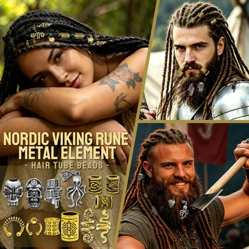 Miniatura 3 de 207 piezas de joyería para cabello vikingo, cuentas de runas nórdicas en tubo, kit de accesorios para trenzas, rastas, barba, locs, clips metálicos