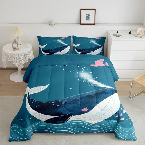 Miniatura 32 de Erosebridal Juego de edredón de ballena náutica, tamaño individual, juego de ropa de cama vintage azul con ondas oceánicas para niños y niñas