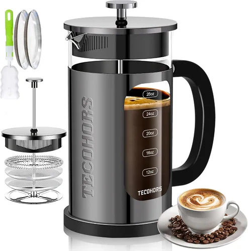 Cafetera de Prensa Francesa de 34oz / 1 Cuarto de Galón, Prensa de Café de Acero Inoxidable 304, con Sistema de 4 Filtros, Vidrio Borosilicato de