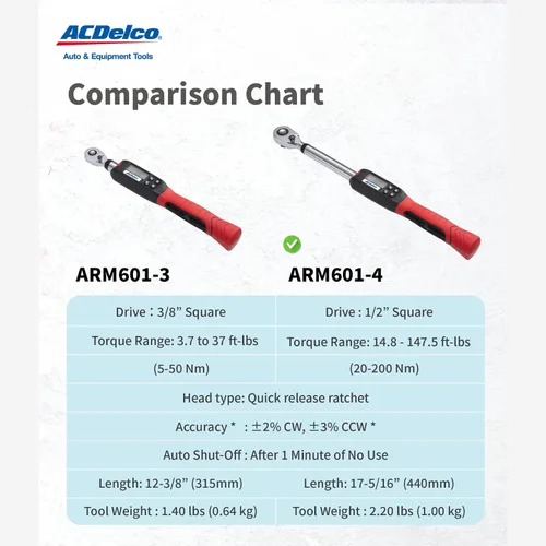 Miniatura 4 de ACDelco, ARM601-4, llave dinamométrica digital, 1/2 pulgadas (4 a 99 ft-lb)