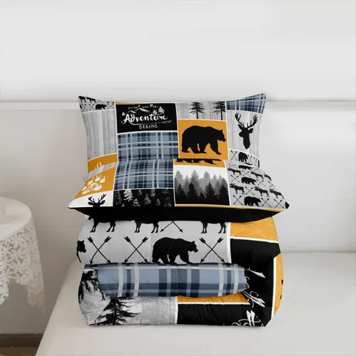 Miniatura 122 de Juego de edredón de oso y ciervo, tamaño individual, ropa de cama de animales salvajes de caza, colcha rústica de cabaña, casa de campo, cuadros