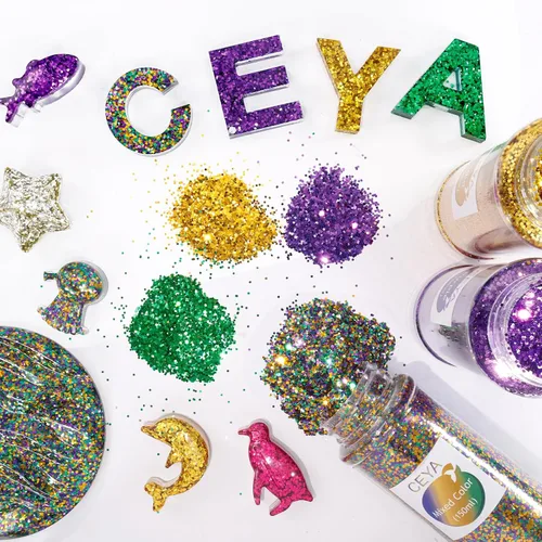 Miniatura 3 de Ceya Brillantina Mardi Gras, 6 colores, 4.23 onzas cada frasco de 1/24 pulgadas, para manualidades, para máscaras, sombreros, vasos de globo