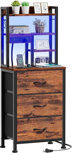 Miniatura 12 de Furnulem - Mesita alta con 3 cajones de tela y luces LED, mesita de noche con estantería, mesas de noche de 45.3 pulgadas de altura con puertos USB
