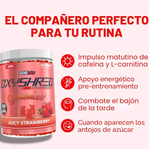 Miniatura 6 de EHP Labs OxyShred Gummies - Gomitas preentrenamiento y masticables energéticos con 100 mg de cafeína, L-carnitina para apoyo térmico y metabólico