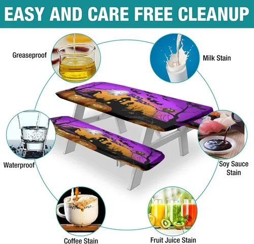 Miniatura 5 de Mantel ajustable para mesa y banco de pícnic de Halloween, diseño de fantasma, impermeable, 28 x 72 pulgadas, juego de 3 piezas, mantel ajustable al