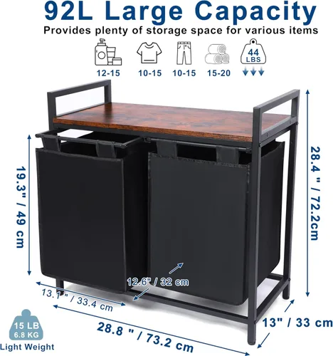 Miniatura 2 de Whitmor Organizador de ropa sucia, cesta de lavandería de 92 litros con estante y 2 bolsas extraíbles, 2 x 12.1 galones (46 litros), 28.8 x 13 x