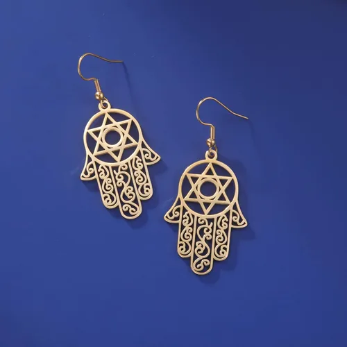 Miniatura 3 de Hamsa - Aretes hexagonales de mano de Fátima con estrella de David contra el mal de ojo, nudo celta judío, protección para mujer, amuleto