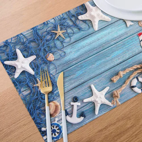 Miniatura 7 de Juego de 8 manteles individuales azules con diseño náutico de verano, diseño de estrella de mar, red antideslizante, resistente al calor, tela