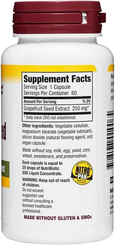 Miniatura 6 de NutriBiotic Cápsulas de extracto de semilla de pomelo 250 mg, 60 unidades - Máxima fuerza con bioflavonoides
