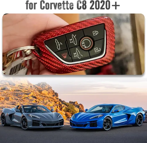 Miniatura 2 de G Brand Funda de Fibra de Carbono Genuina para Llavero Chevrolet Corvette C8 2020 2021 2022 (Rojo, Negro) Carcasa de Entrada sin Llave Trim (Rojo)