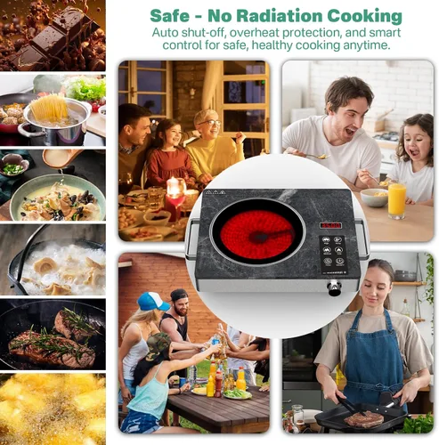Miniatura 8 de 3500W Single Ceramic Hob with Marble Finish, Portable Infrared Hot Plate with Rotary Control, Safety Lock & Timer, Electric Cooker Compatible with