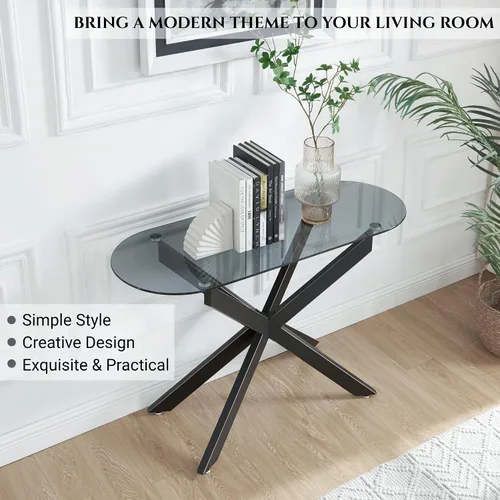 Miniatura 5 de Moderna mesa consola ovalada de vidrio, mesa de sofá estrecha para entrada, entrada, sala de estar, vestíbulo, pasillo, oficina, 45 pulgadas de Negro