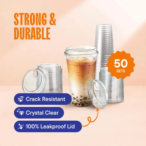 Miniatura 2 de Vasos de plástico transparente de 24 onzas con tapas sin pajita [50 juegos] PET, cristal transparente desechables, vasos de plástico de 16 oz