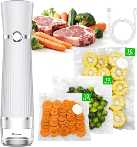Sellador al vacío para alimentos, máquina selladora al vacío portátil compacta con 30 bolsas reutilizables para preservación 10X y frescura Blanco
