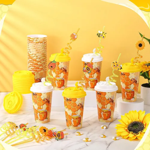 Miniatura 5 de Yungyan 16 juegos de tazas de golosinas con tapas y pajitas para decoraciones de cumpleaños, reutilizables, 16 onzas, vasos de plástico para dulces