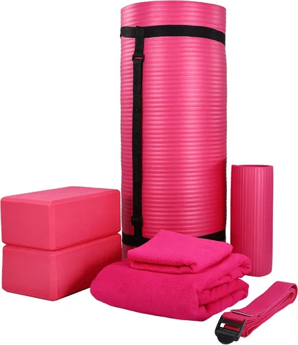 BalanceFrom Juego de yoga de 7 piezas con esterilla extra gruesa de 71 x 24 x 1 pulgadas y correa de transporte – Incluye 2 bloques, correa de Rosado