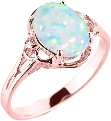 Anillo solitario de ópalo ovalado cultivado en laboratorio con piedra natal de octubre de oro rosa de 14 quilates, talla 7, Oro rosa, oro, piedras