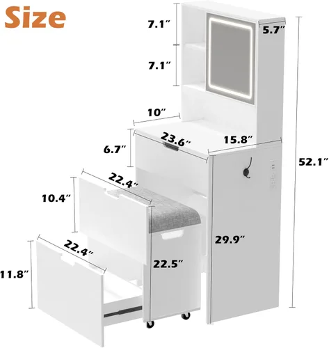 Miniatura 7 de Tocador pequeño con silla, espejo y luces, juego de mesa de maquillaje compacto para espacios pequeños, taburete de almacenamiento móvil