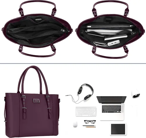 Miniatura 3 de MOSISO Bolso de mano de piel sintética para laptop para mujer (15-16 pulgadas), impermeable de gran capacidad, maletín de trabajo de negocios, bolsa