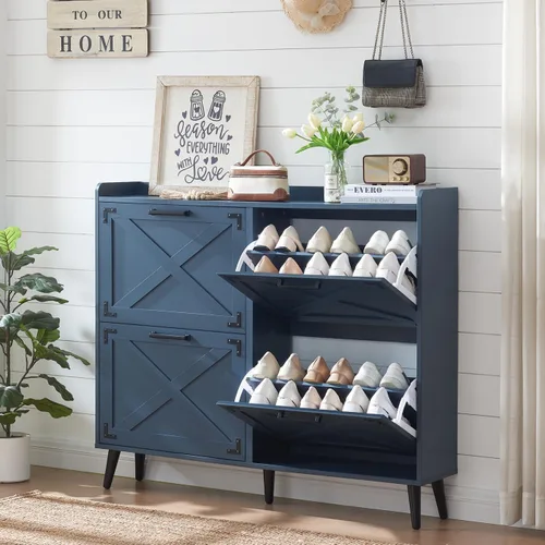 Miniatura 15 de Barnyatoh - Gabinete de almacenamiento de zapatos estilo granja, organizador de zapatos con 2 cajones abatibles y diseño de puerta de granero