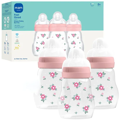 Miniatura 15 de MAM Biberón de cuello ancho anticólicos de vidrio puro Feel Good de 9 onzas, pezón de silicona suave de flujo medio, fácil de limpiar, sin BPA, más